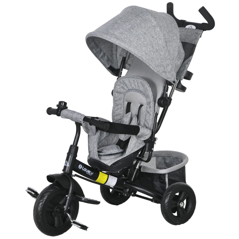 HOMCOM Triciclo para Bebés de +12 Meses con Mango de Empuje Telescópico y Desmontable Bolso para Mamá y Portabotellas Gris