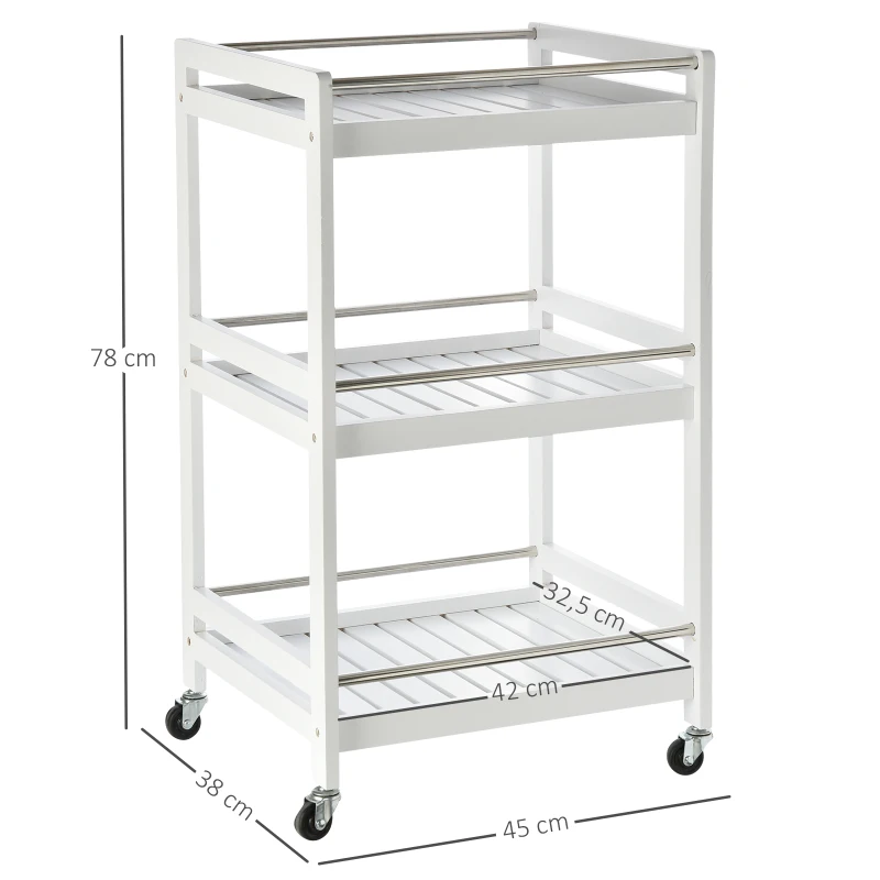 HOMCOM 3-Tier Home Trolley Kitchen Storage Cart w/ Steel Bars 4 Universal Wheels Rolling Unit Organiser Living Room White