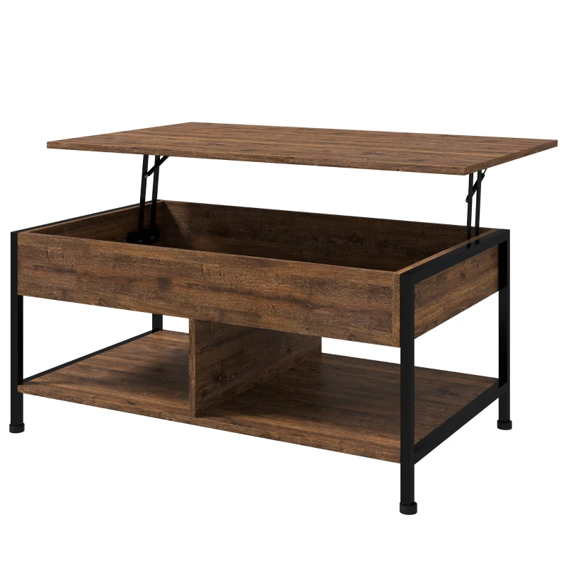 HOMCOM Table basse relevable table de salon compartiment caché 2 étagères inférieures 100 x 80 x 60 cm marron rustique noir