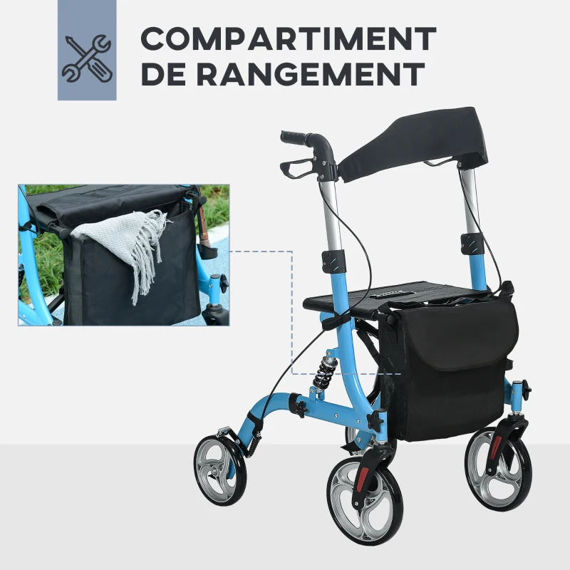 HOMCOM Déambulateur pliant avec siège et dossier 4 roues pliable poignée hauteur réglable avec sac de rangement bleu et noir