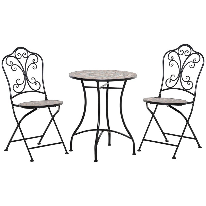 Outsunny Set Mobili da Giardino 3 Pezzi con 2 Sedie Pieghevoli e Tavolo da Caffè in Ceramica e Metallo, Nero