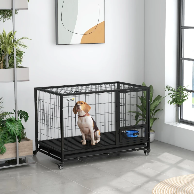 PawHut Heavy Duty Dog Crate on Wheels w/ Bowl Holder, Removable Tray, Openable Top, Detachable Door, for L, XL Dogs