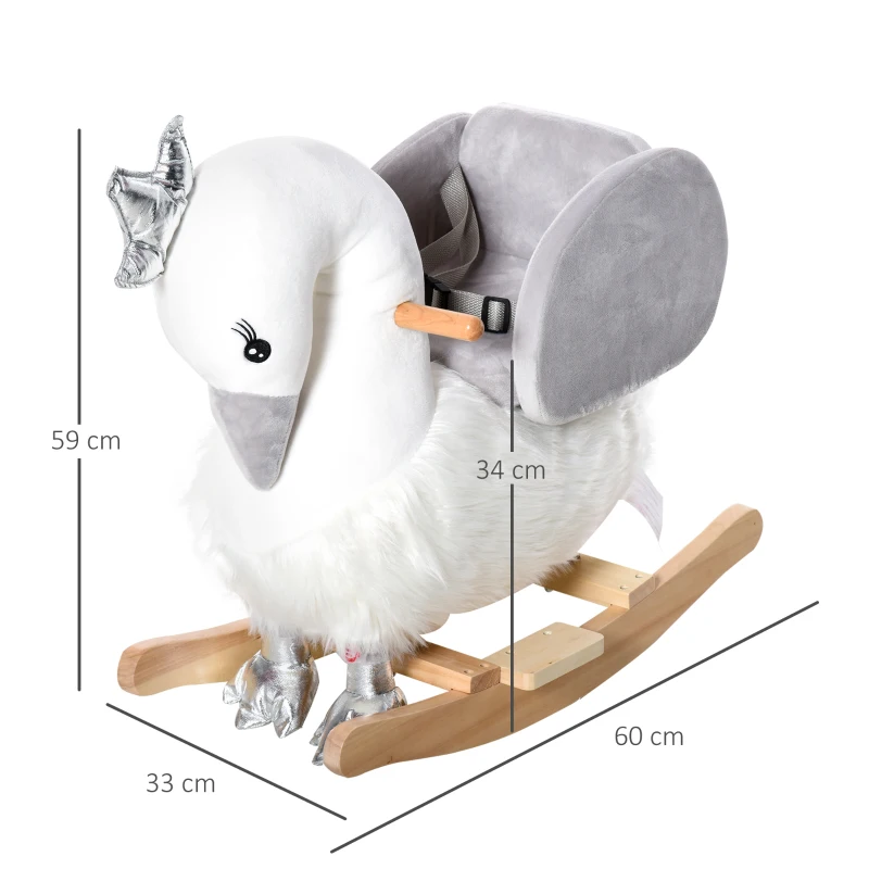 HOMCOM Cheval à Bascule modèle Cygne Fonction Musicale Selle Grand Confort Peluche Courte Douce Bois peuplier Blanc et Gris dim. 60L x 33l x 59H cm