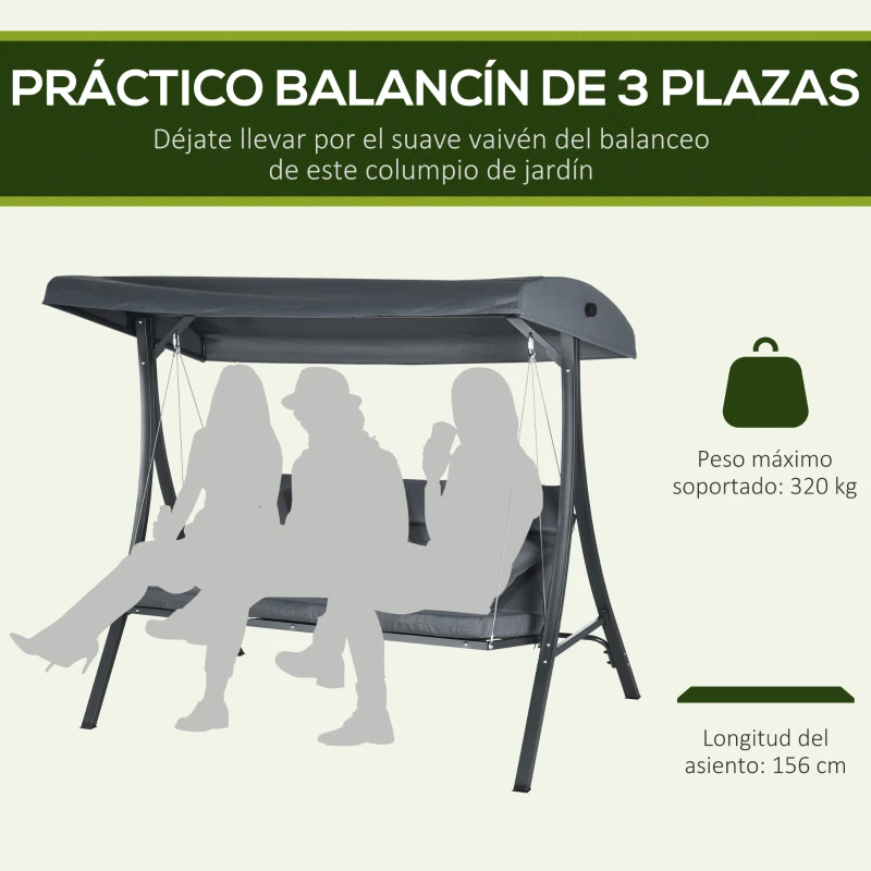 Outsunny Balancín para Exterior Columpio de Jardín de 3 Plazas con Toldo Ajustable y Cojines Decorativos 202x115x168 cm Gris