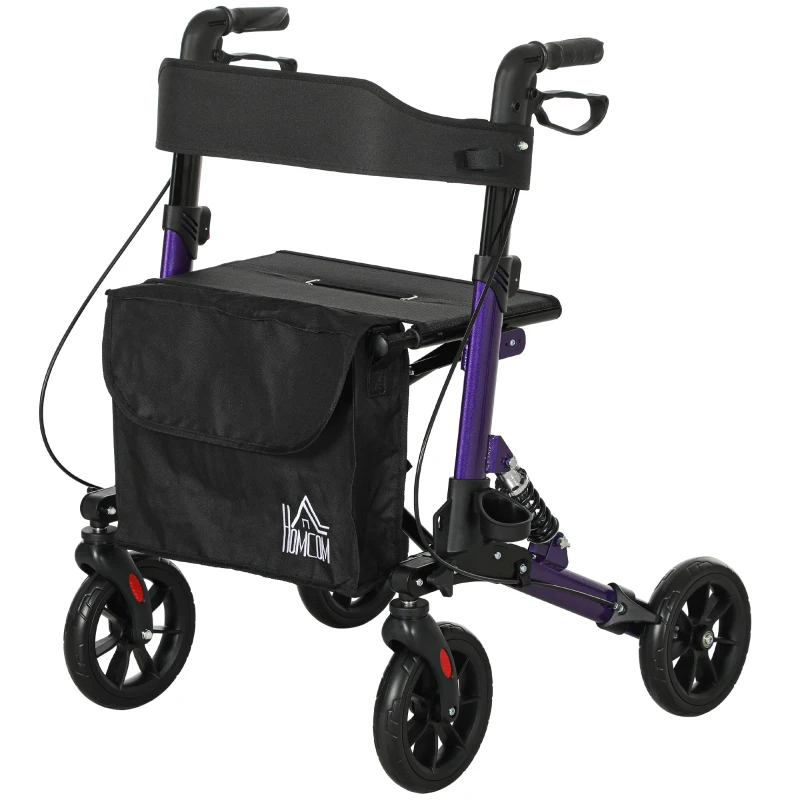 HOMCOM Folding Rollator Walker with Seat, Backrest, Lightweight Walking Frame with Storage Bag, Dual Brakes, Adjustable Handle Height, Suspension System, 4 Wheeled Walker for Seniors, Purple