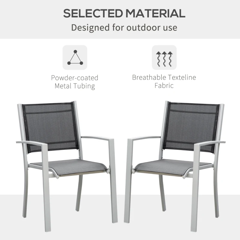 Outsunny Garden Chairs Set Of 2 Outdoor Chairs with Steel Frame Texteline Seats for Dining Patio Balcony Grey and Black