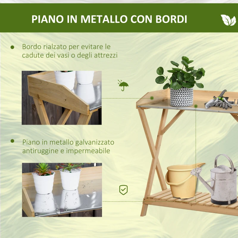 Outsunny Tavolo da Giardinaggio in Legno con Piano in Metallo Antiruggine e Ripiano Portaoggetti, 80x40x84cm