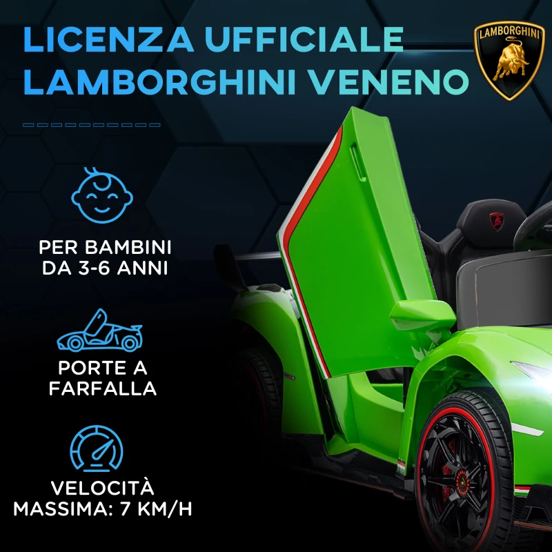 HOMCOM Macchina Elettrica per Bambini Lamborghini Veneno 12V con Telecomando, Età 3-6 Anni, Verde