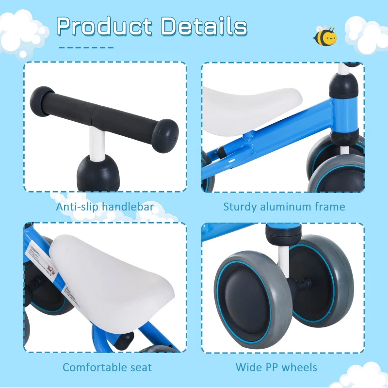 HOMCOM Baby Toddler Balance Bike Ride On Walker 3 Wheel Push Bike Kids First Bike Birthday Toy Gift for 1-2 Years Blue