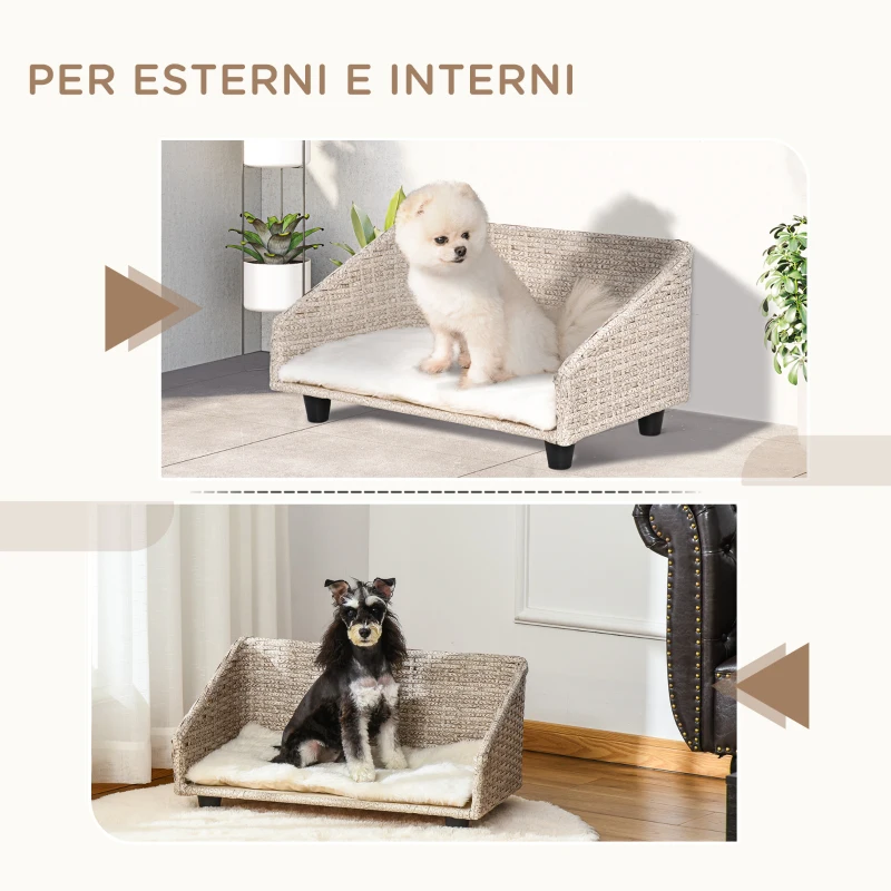 PawHut Cuccia per Cani e Gatti Rialzata in Rattan con Cuscino Lavabile Bianco, Lettino per Animali da Interno, 70.5x40x37.5cm, Beige