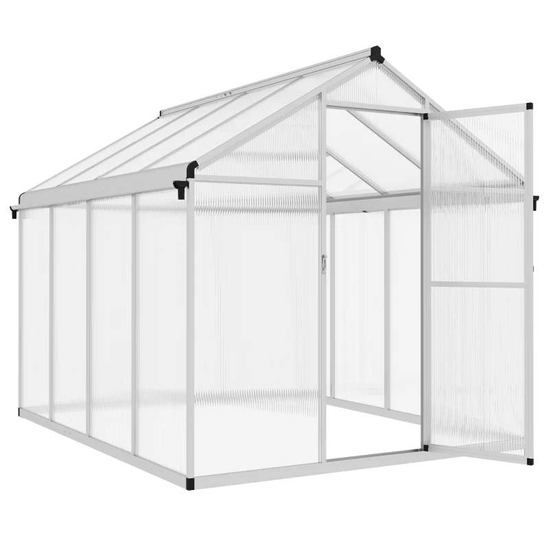 Outsunny 6 x 8ft Polycarbonate Greenhouse with Rain Gutters, Large Walk-In Green House with Door and Window, Garden Plants Grow House with Aluminium Frame