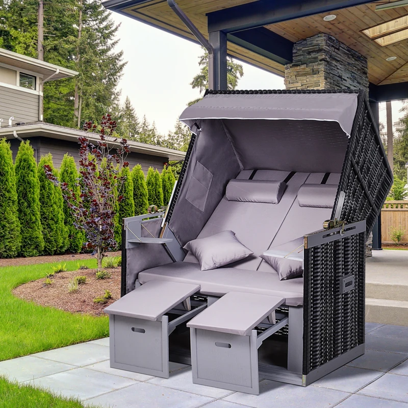 Outsunny Corbeille de plage 2 places pliable - Cabine chaise de plage inclinable - abri plage strandkorb - coussins, repose-pieds, tablettes, pare-soleil - bois résine tressée polyester gris