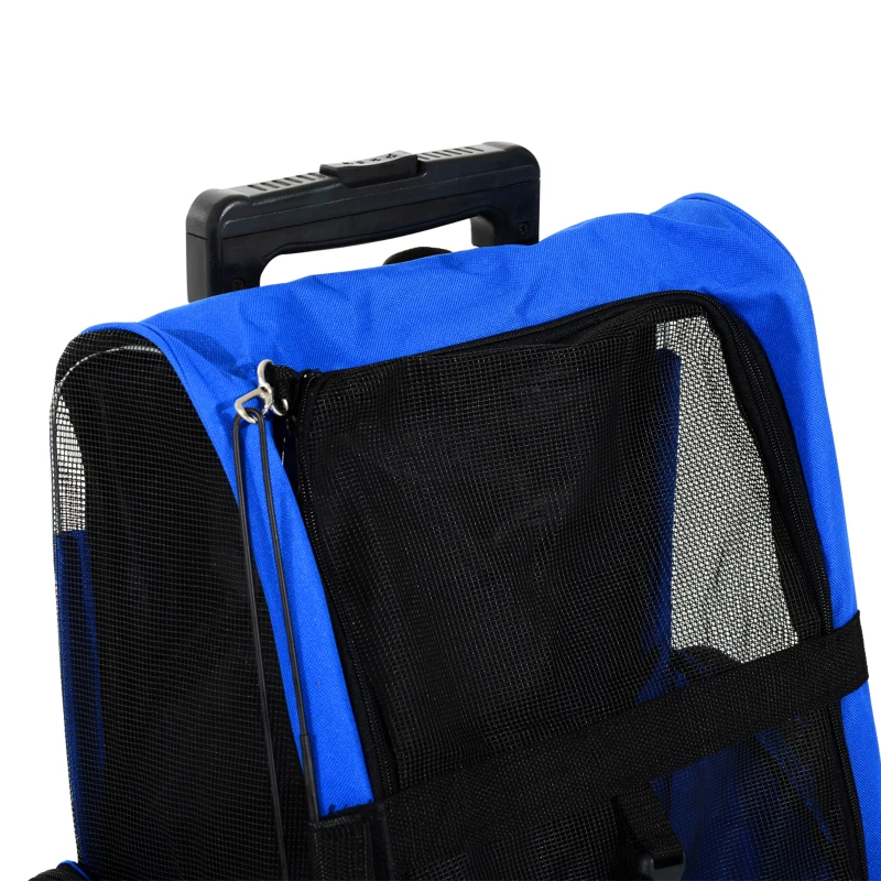 PawHut Sac de transport à roulettes pour chien 2 en 1 trolley chariot sac à dos pour chien chat avec poignée téléscopique, sacs de rangement, aérations, attache de sécurité, 42 x 25 x 55 cm, bleu