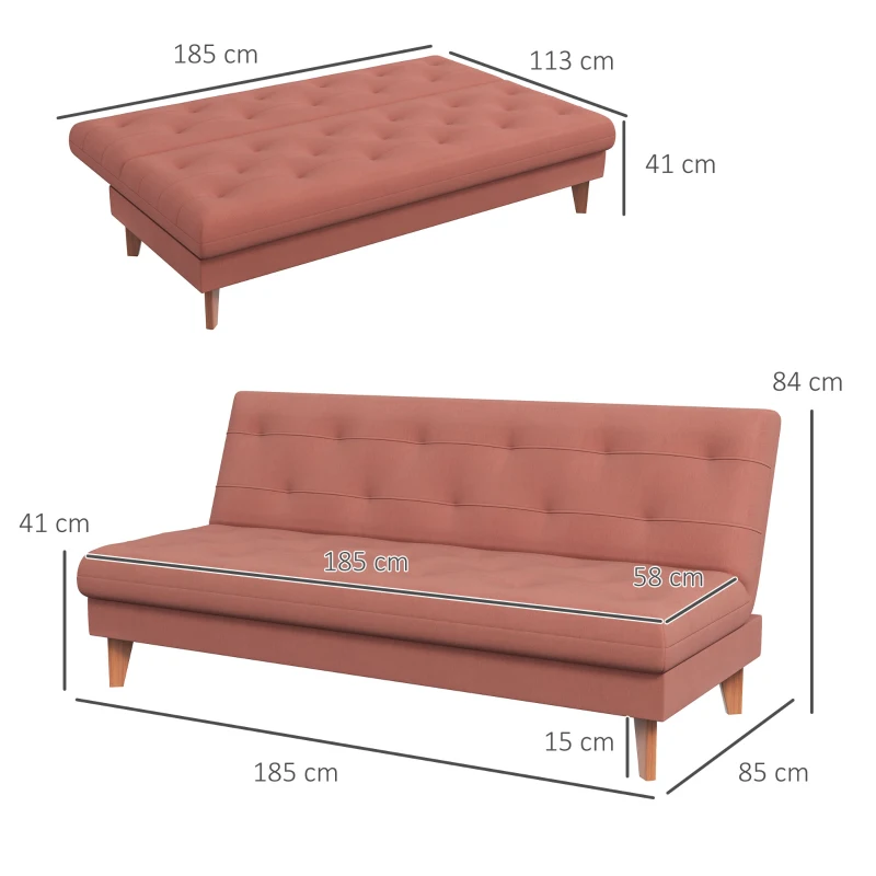 HOMCOM Divano Letto 3 Posti con Schienale Regolabile a 3 Livelli in Microfibra, 185x85x84cm, Arancione