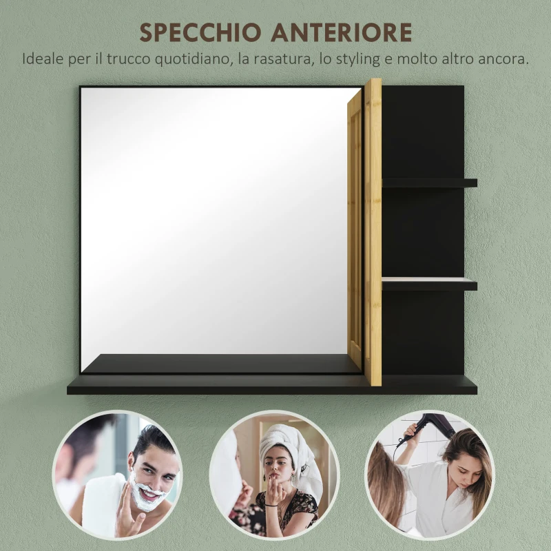 HOMCOM Specchiera Bagno Moderna da Parete a 4 Ripiani in Legno, 45x15x58.5cm, Nero