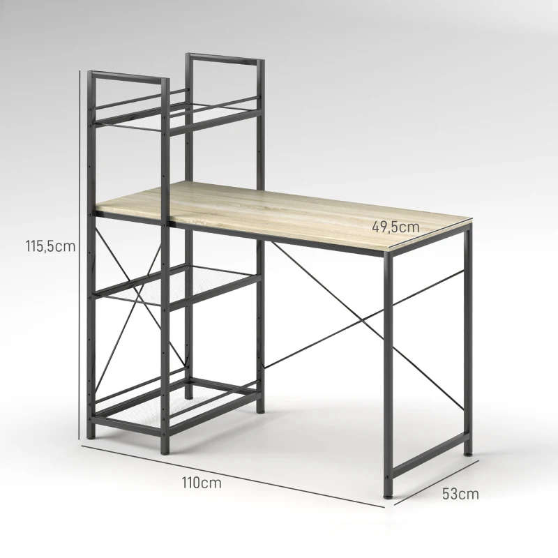 HOMCOM Bureau d'ordinateur avec étagère réversible à 4 niveaux table d'ordinateur cadre en acier 110 x 53 x 115,5 cm chêne noir