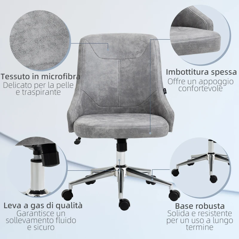 Vinsetto Sedia da Ufficio Regolabile in Altezza con Funzione Girevole e Inclinabile a 360°, 56x63x85-95 cm, Grigio