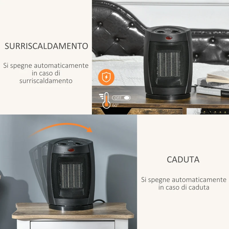 HOMCOM Stufetta Elettrica Ceramica Oscillante a 60°, Aria e Temperatura Regolabili 6-38°C, Potenza 900W/1500W, 19.5x14.8x28cm, Nero