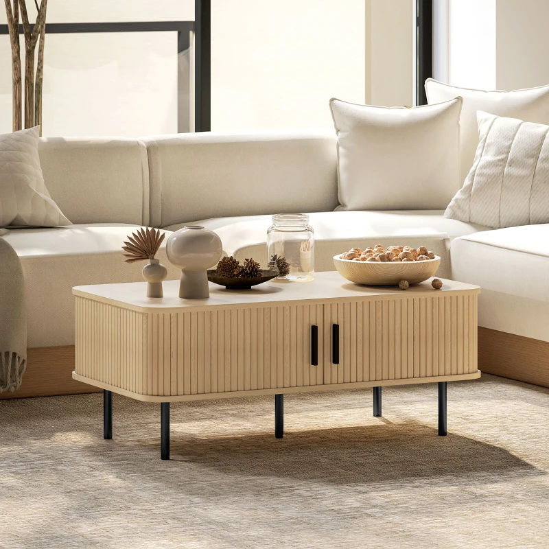 HOMCOM Coffee Table with Storage, Living Room Table with Slatted Tambour Sliding Doors and Foot Pads, Rectangular Coffee Table with Elevated Base for Living Room, Oak