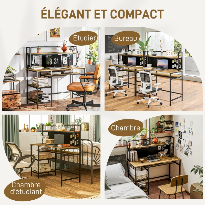 HOMCOM Bureau avec rangement bureau informatique bureau d'ordinateur avec 4 étagères, grand plateau et panneau noir, marron