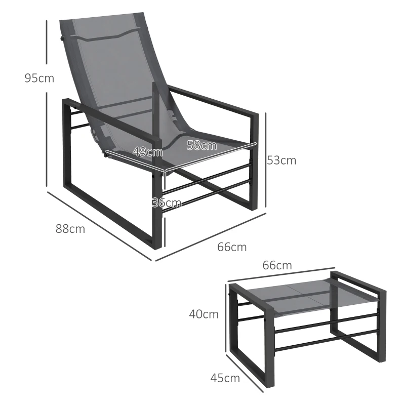 Outsunny Ensemble fauteuil relax de jardin avec repose-pieds, chaise longue, structure métal et tissu mesh aéré - gris