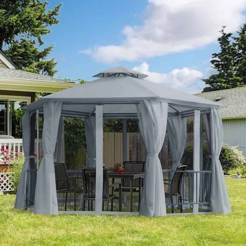 Outsunny 3 x 3(m) Hexagon Gazebo Patio Canopy Party Tent Outdoor Garden Shelter w/ 2 Tier Roof & Side Panel - Grey