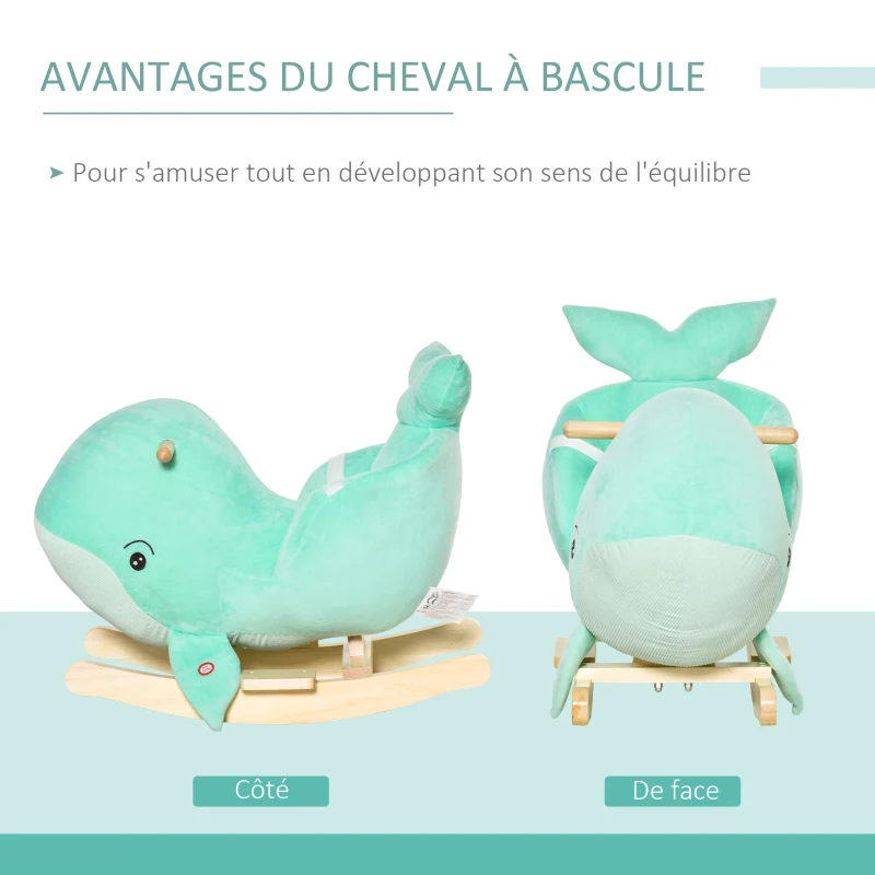 HOMCOM Jouet à Bascule Baleine - Effet sonore Chant Baleine - Fauteuil intégré, Ceinture de sécurité - Bois peuplier Peluche Courte Polyester Turquoise Clair