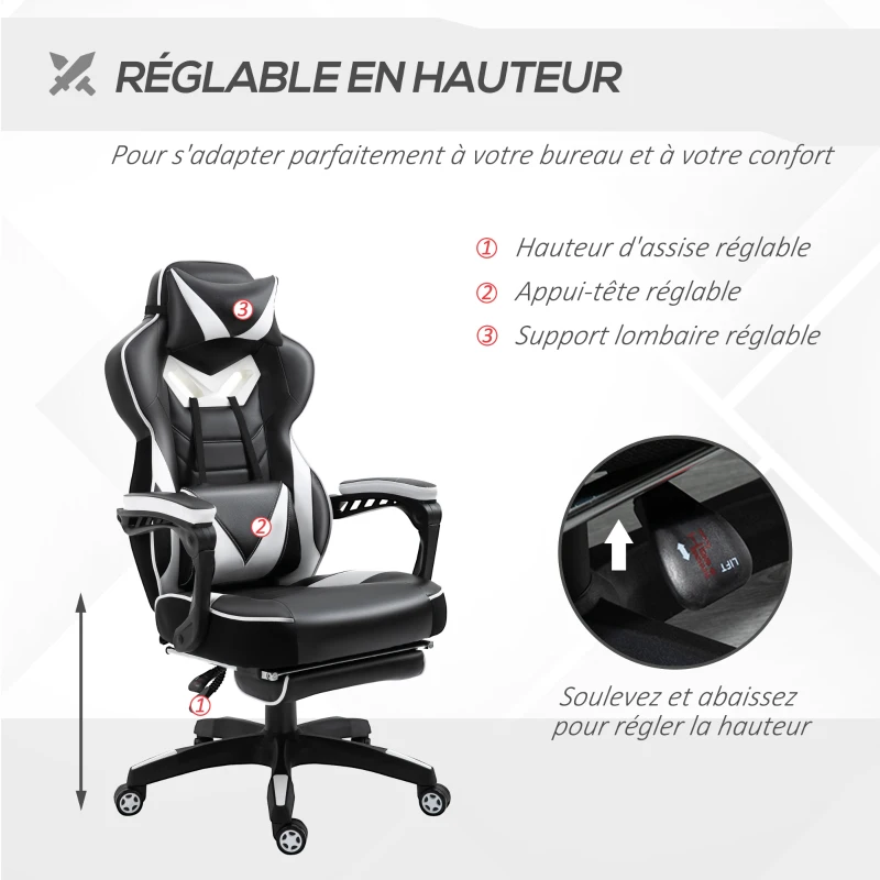 Vinsetto Chaise gaming Ergonomique, Fauteuil de Bureau confortable avec Repose-Pied, Appuie-Tête et coussin lombaire, Hauteur Réglable, noir et blanc