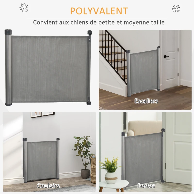 PawHut Barrière animaux rétractable automatique barrière de sécurité enroulable pour escaliers barrière extensible opération à une main dim. 1,4L x 0,88H m aluminium maille PVC gris