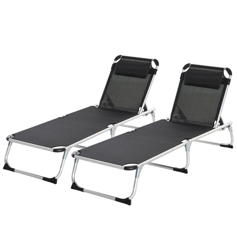 Outsunny Foldable Outdoor Sun Loungers Set of 2, Reclining Lounge Chair Camping Bed Cot with Pillow 4-Level Adjustable Back Aluminium Frame, Black