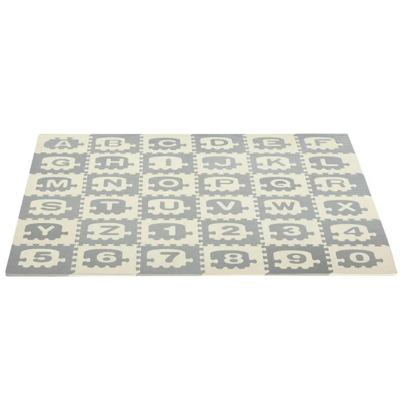 HOMCOM Alfombra Puzzle para Bebés 36 Piezas 31,5x31,5 cm con 26 Letras (A-Z) y Números 0 al 9 Juego Ronpecabezas Infantil de 3,24 m² Espuma EVA Suave Gris y Blanco