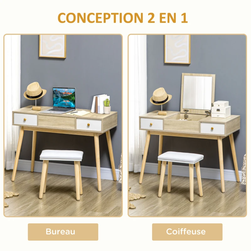 HOMCOM Ensemble de coiffeuse avec tabouret miroir rabattable style scandinave 2 tiroirs 100 x 45 x 118 cm naturel et blanc