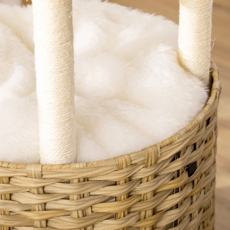 PawHut Árbol Rascador para Gatos de Ratán Torre de Gatos Mediano con Cueva 2 Camas Postes de Sisal Natural y Cojines Lavables de Felpa Suave Ø40,5x69 cm Natural