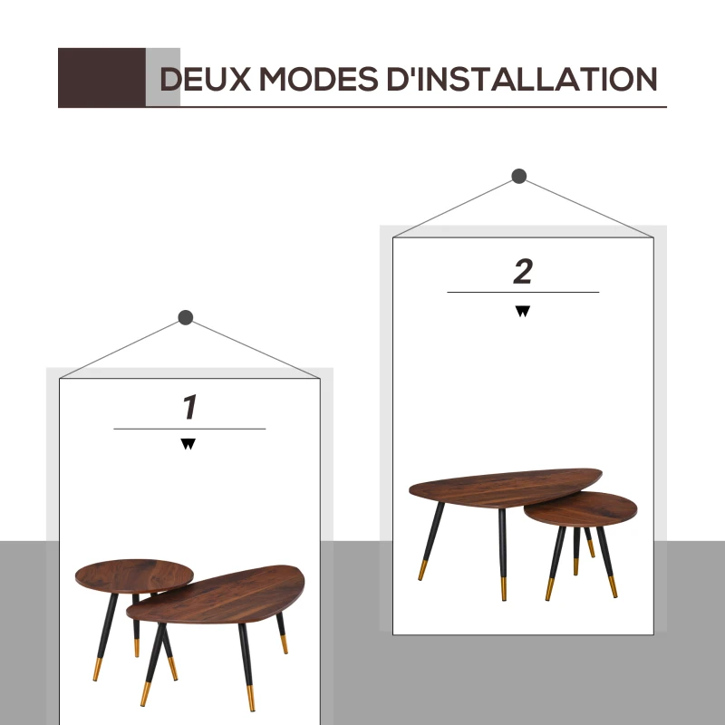 HOMCOM Lot de 2 Tables Basses gigognes Style Art déco Pieds effilés inclinés métal Noir extrémités doré Plateaux MDF Aspect Teck foncé