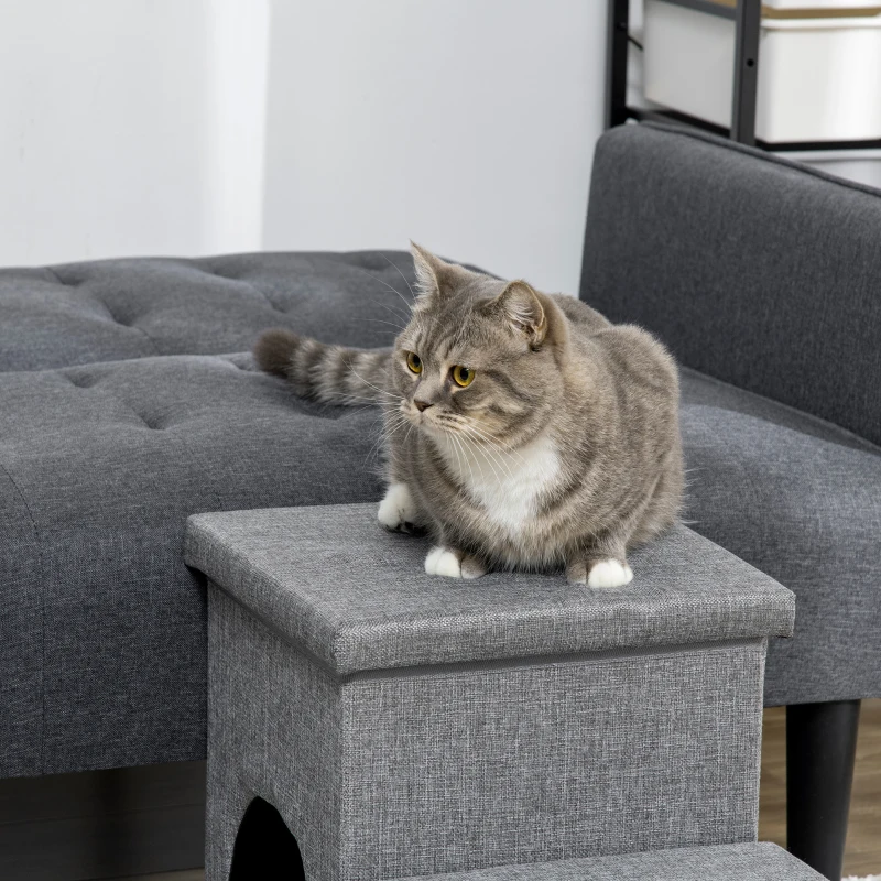 PawHut Escalera para Mascotas de 3 Peldaños 2 Cajas de Almacenaje Cueva y Cojín para Cama Sofá 73,5x33x40,5 cm Gris