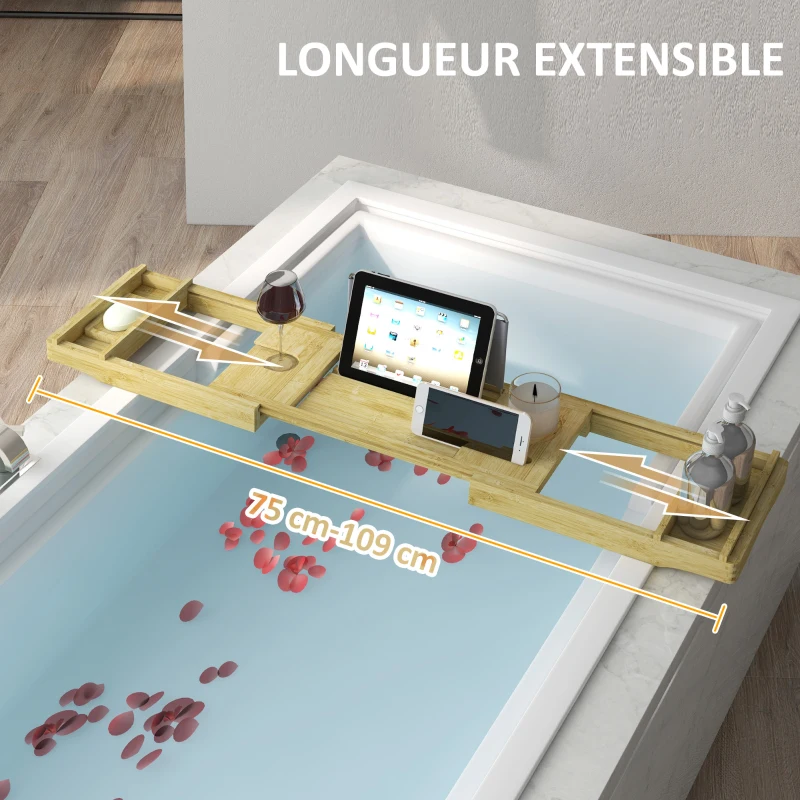 HOMCOM Pont étagère plateau de baignoire extensible en bambou avec porte-gobelet et porte-savon, 75-109 x 23 x 4.5cm