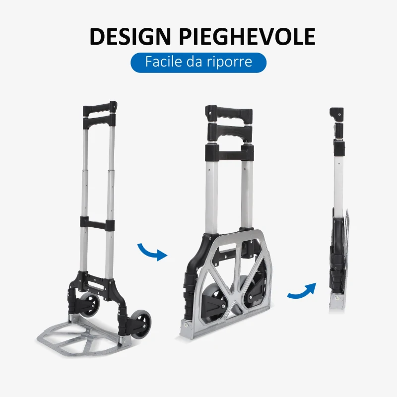HOMCOM Carrello Portapacchi Pieghevole max 70kg con Maniglie Telescopiche e Altezza Regolabile, 41x38.5x100 cm, Argento