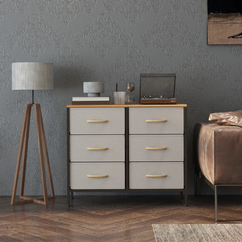 HOMCOM Fabric Chest of Drawers, Industrial Bedroom Dresser with 6 Fabric Drawers, Steel Frame and Wooden Top for Nursery, Living Room, Hallway, Cream White