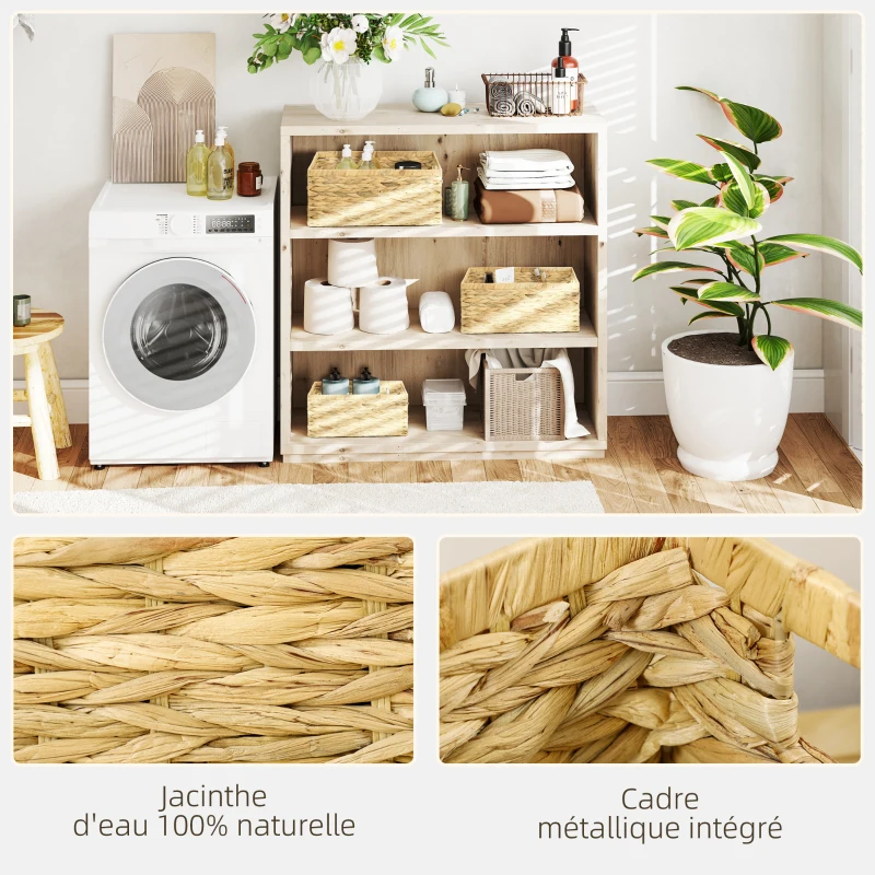 HOMCOM Lot de 3 paniers de rangement tressés boîtes de rangement avec poignées pour chambre, salon, salle de bain, bois naturel