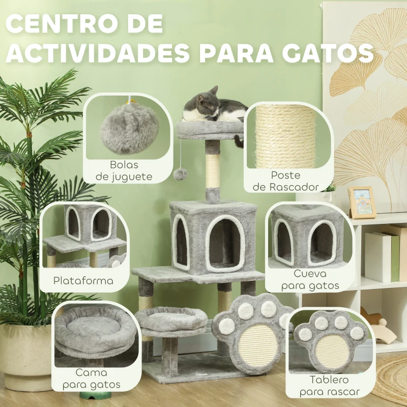 PawHut Árbol para gatos 110 cm Torre para Gatos con Nidos Cueva Plataforma Almohadilla de Rascado Bola Colgante Gris Claro