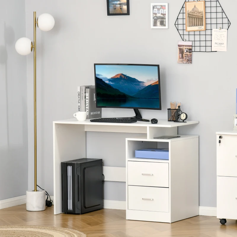 HOMCOM Bureau Informatique 2 tiroirs coulissants 3 étagères dim. 108L x 48l x 76H cm Panneaux Particules MDF Blanc