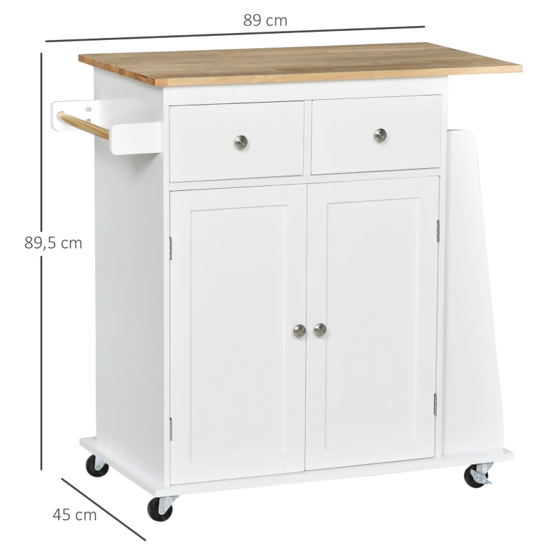HOMCOM Carro de Cocina Auxiliar con Ruedas Carrito de Servicio con 2 Cajones Armario de Almacenaje Estante Interior Ajustable 3 Especieros y Barra para Colgar 89x45x89,5 cm Blanco