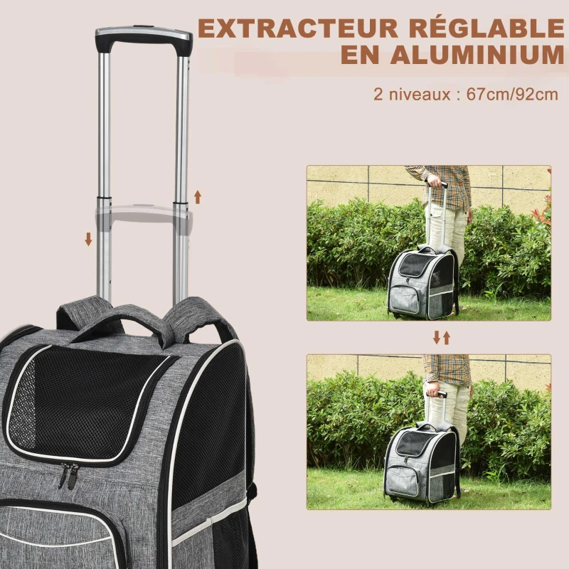 PawHut Sac de transport transporteur pour animaux 2 en 1 trolley chariot panier à roulette chariot sac à dos amovible respirable charge max. 10 kg tissu oxford gris