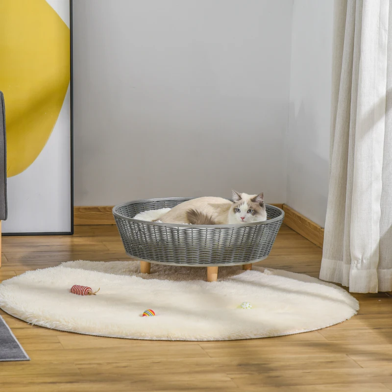 PawHut Wicker Dog Sofa PE Rattan Cat Bed Elevated Pet Bed Hand Woven with with Washable Soft Cushion Indoor Outdoor Use, for Small Medium Sized Dogs