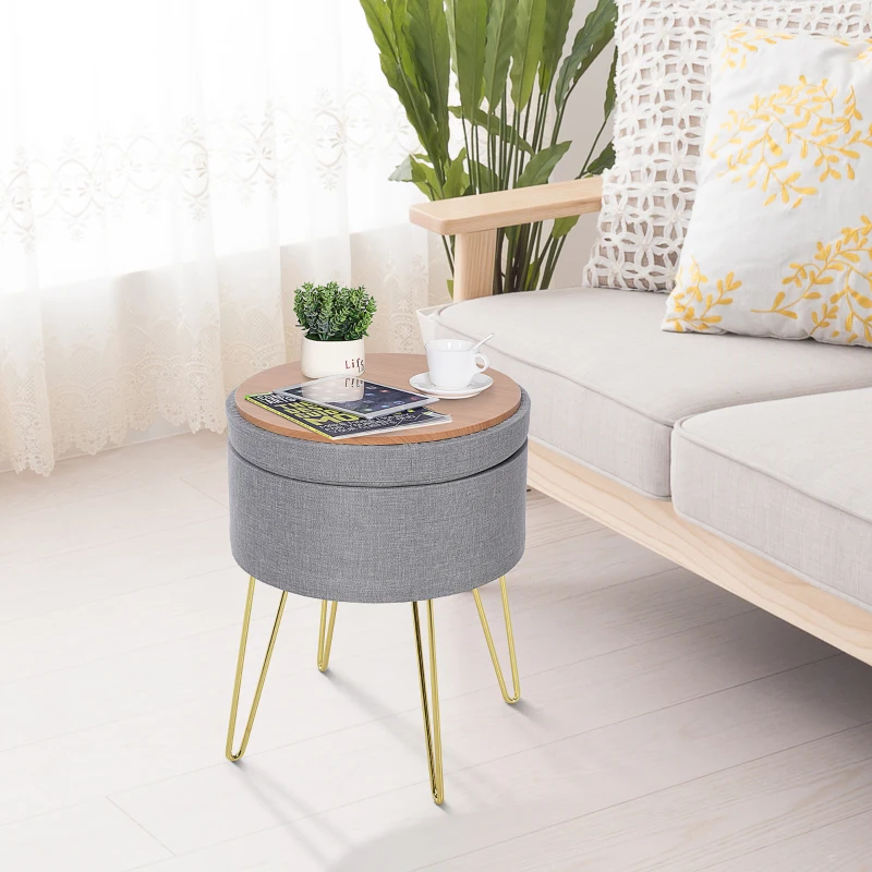 HOMCOM Round Linen-Look Storage Ottoman Footstool Wood Frame w/ Metal Legs Padded Lid Home Seat Beautiful Stylish Home Furnishing Table Grey