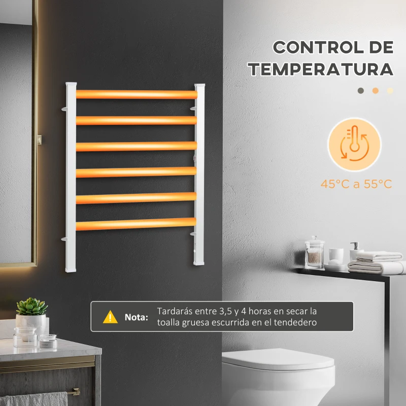 HOMCOM Toallero Eléctrico Radiador 140W IPX4 Calentador de Toallas con 6 Barras para Pared o Suelo 69x36x90 cm Plata