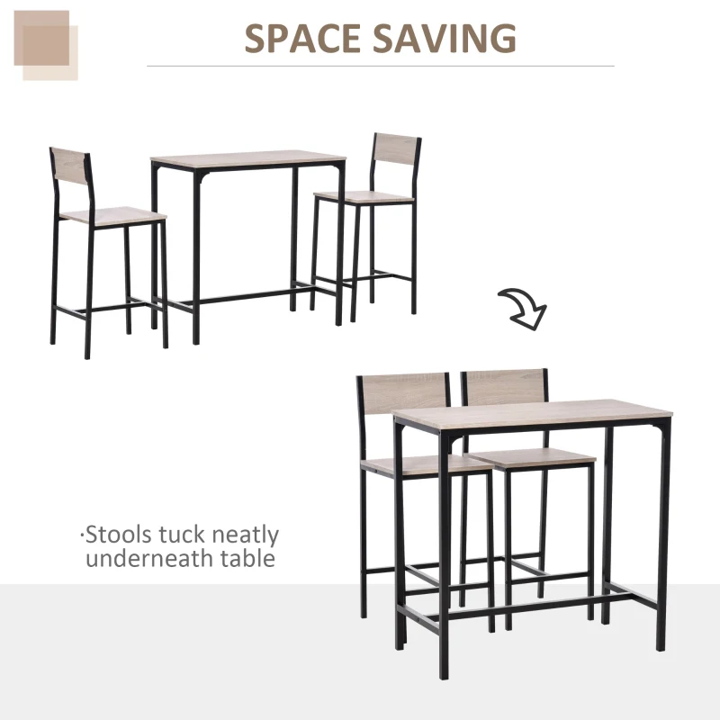 HOMCOM 3-Piece Bar Table Set with 2 Stools, Industrial Breakfast Bar Set with Footrest, Backrest for Dining Room, Small Space