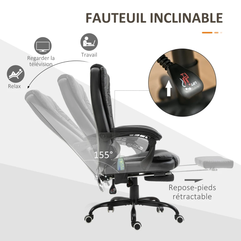 Vinsetto Fauteuil de bureau massant, chaise de bureau, chaise ergonomique avec hauteur réglable, dossier inclinable et télécommande filaire, repose-pieds rétractable et pivotant à 360°, noir(m-5)