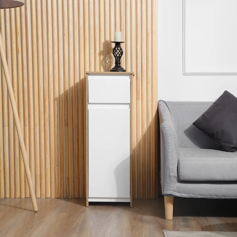 kleankin Meuble de salle de bain armoire de rangement avec 1 tiroir et 1 placard - 32,6 x 30 x 90 cm - aspect bois et blanc