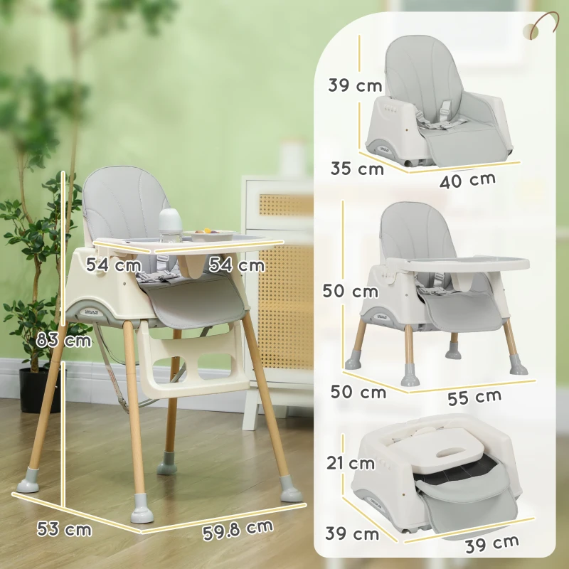 AIYAPLAY 3-in-1 Foldable High Chair for Babies, Toddlers, with Safety Harness, Washable Removable Seat Cushion, Tray, Grey